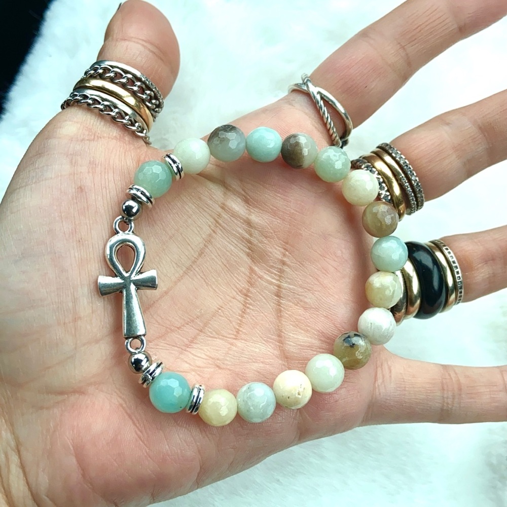 Genuine faceted amazonite gems ankh cross bracelet